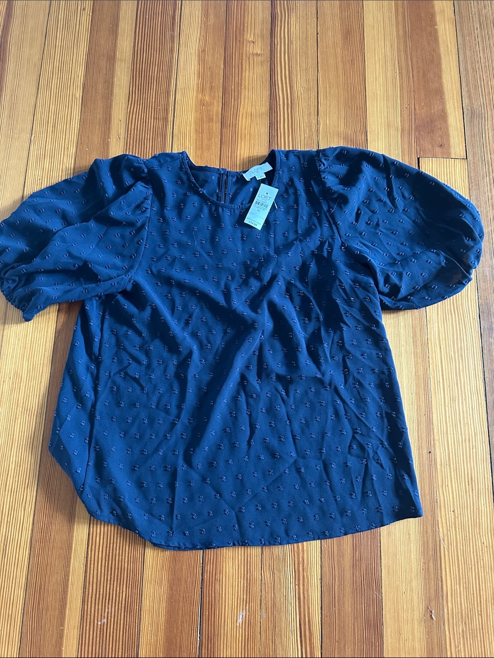 LOFT Navy Puff-Sleeve Dot-Textured Blouse